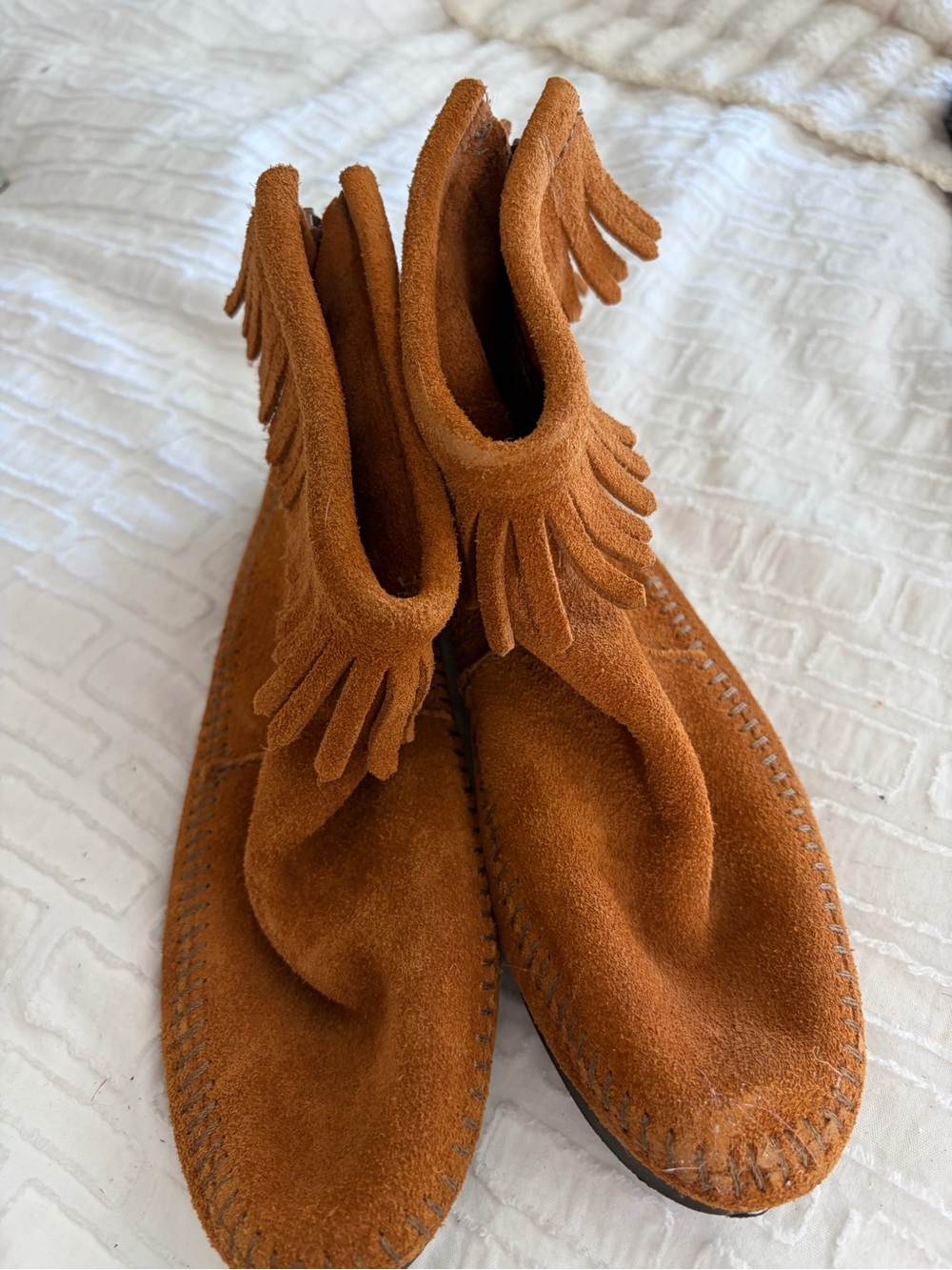 Minnetonka Suede Fringe Ankle Moccasins - Chestnut